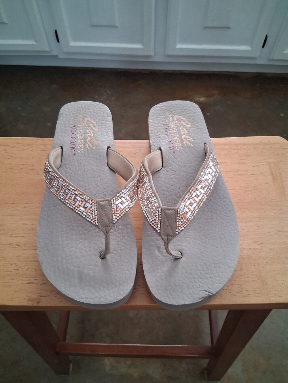 Skechers Cali Beige Taupe Embellished Thong Sandals
